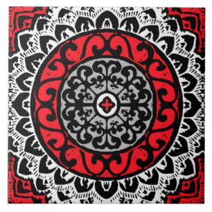 Carreau Sud-Ouest Sun Mandala Batik, Rouge, Noir et Blanc