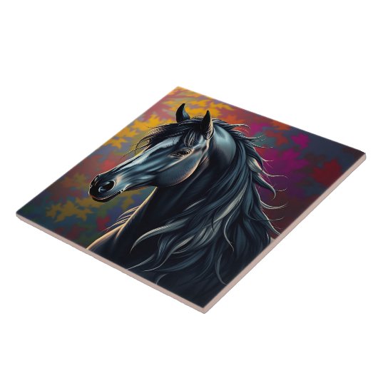 Carreau Superbe cheval noir frison en automne (Côté)