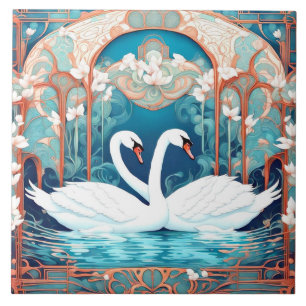 Carreau Swan Couple Art Nouveau Bird Turquoise Aqua Blue