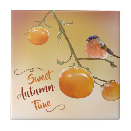 Carreau Sweet Automne Cute Orange Persimmon Fruits & Oisea (Devant)