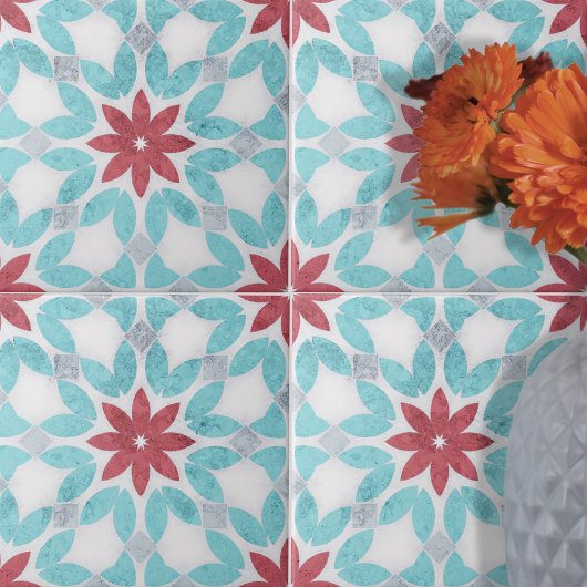 Carreau Symétrique Floral Rouge Gris Gris Pierre