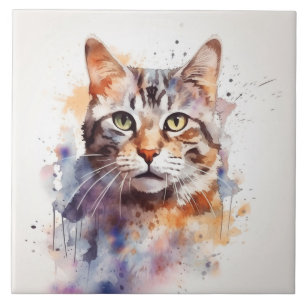 Carreau Tabby Chat aux yeux verts, Aquarelle pour animaux