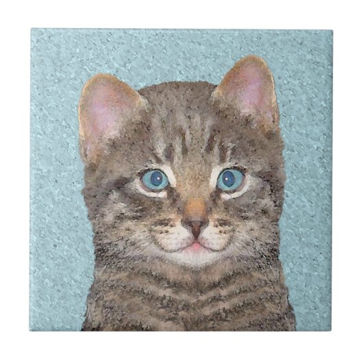 Carreau Tabby Gris Peinture Chat - Cute Original Art Chat (Devant)