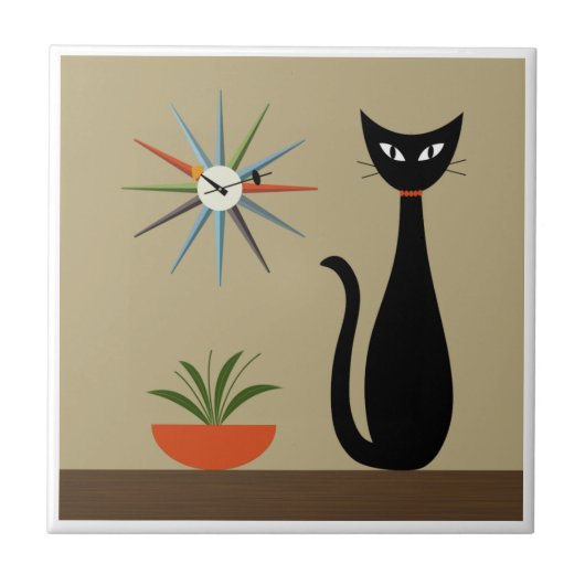 Carreau Tablette du milieu du siècle Chat avec horloge Sta (Devant)