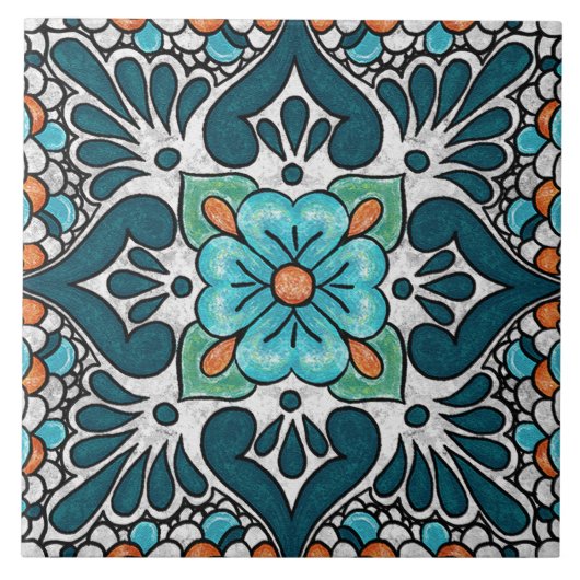 Carreau Talavera 06 Teal Blue Green Mediterranean Floral (Devant)