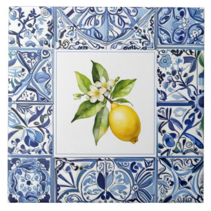 Carreau Talavera Citrons Bleu Clair et Blanc Méditerranéen