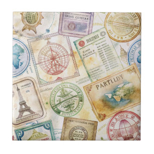 Carreau Tampon de passeport rustique motif voyage (8)