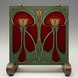 Carreau Tapisserie Tulip Art Nouveau Carrelage céramique<br><div class="desc">Ce carrelage en céramique exhale la chaleur et la splendeur de l'Art Nouveau, capturant l'essence de son style emblématique. Des tulipes jumelles aux nuances riches d'ambre et d'or s'élèvent sur un fond frappant de pourpre et de marron, leurs tiges élancées et leurs feuilles curvés soulignés dans le bronze vieilli élégant....</div>