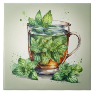 Carreau Tasse de thé à la menthe avec des feuilles de ment