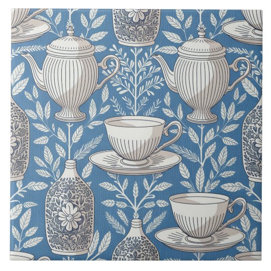 Carreau Tasses à thé bleues motif feuille vintage (Devant)