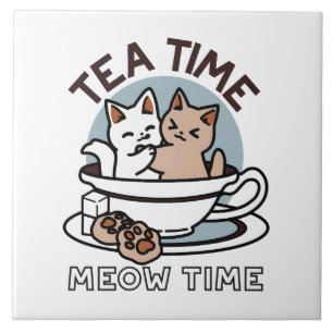 Carreau Tea Time Meow Time - Cute Cat and Tea Design