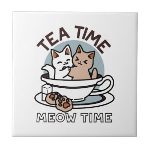 Carreau Tea Time Meow Time - Cute Cat and Tea Design