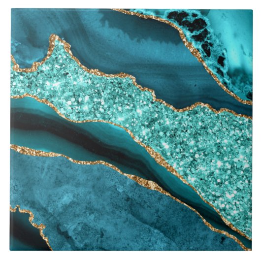 Carreau Teal Blue Gold Glitter Marble Ceramic Tile (Devant)