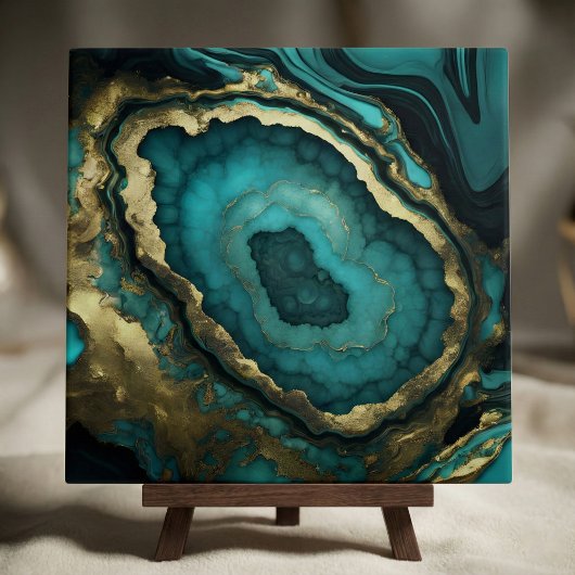 Carreau Teal Turquoise and Gold Agate Geode Liquid Marble