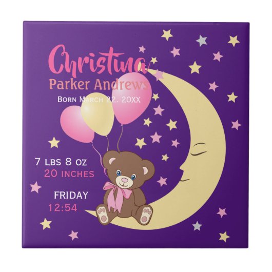 Carreau Teddy Bear assis sur la Lune Baby Birth Statistiqu (Devant)