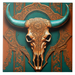 Carreau Terracotta Turquoise Western Country Bull SKull