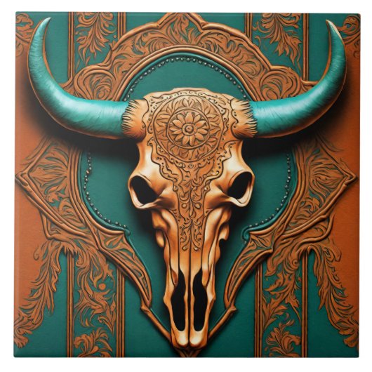 Carreau Terracotta Turquoise Western Country Bull SKull (Devant)