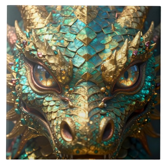 Carreau Tête de dragon turquoise et or (Devant)