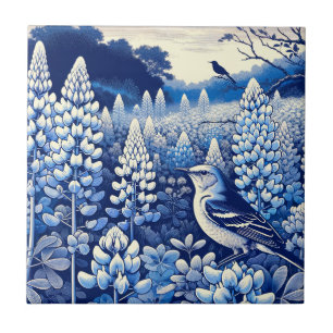 Carreau Texas Bluebonnets et Northern Mockingbird Texan