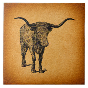 Carreau Texas Longhorn Bull Russe Vintage Western Art