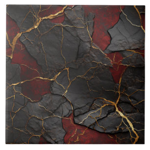 Carreau Texture de pierre fissurée, rouge noir et or