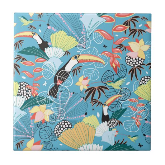 Carreau Texture tropicale avec des toucans et des colibris (Devant)