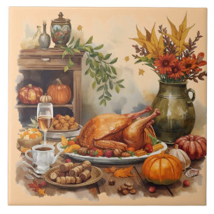 Carreau Thanksgiving, Family Rassembler Des Plats Traditio