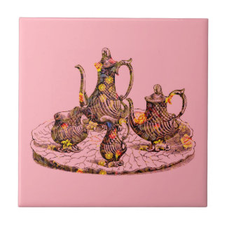 Carreau Théières vintages sur la tuile décorative rose