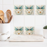 Carreau Thème de printemps Whimsem Bleu et libellule d'or<br><div class="desc">Tuile en céramique dans un aqua doux et or avec libellule et pot plante. L'arrière - plan tournoyé d'or met en évidence la libellule et le pot plante.</div>