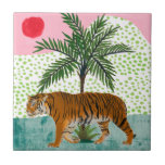 Carreau Tigre au lever du soleil<br><div class="desc">Tigre à Sunrise II par Melissa Wang. Un tigre passe devant un arbre tropical tandis que le soleil se déplace à travers le ciel. | 164403D</div>