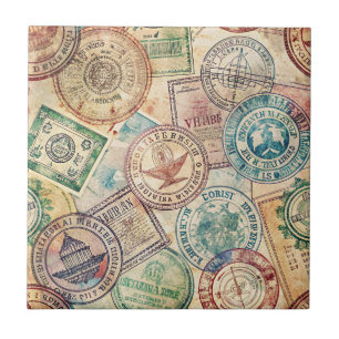 Carreau Timbre de passeport rustique motif de voyage (1)