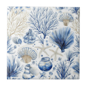 Carreau Toile Côtière Bleue Motif Corail Coquillage (3)
