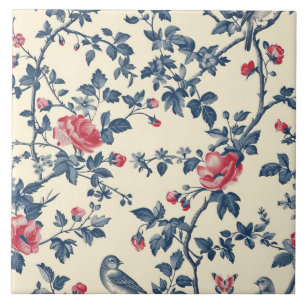 Carreau Toile de Jouy florale bleue et rouge