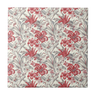 Carreau Toile de Jouy Flore rouge profond et gris subtil