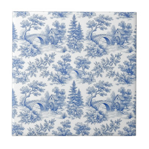 Carreau Toile de Jouy vintage bleue paysage forestier en b