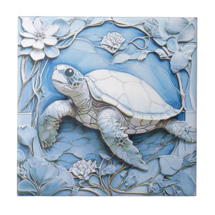 Carreau Tortue de mer Art Nouveau Faux Relief Blue Ocean L