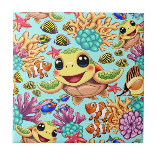 Carreau Tortue de mer bébé heureuse et mignonne (Devant)