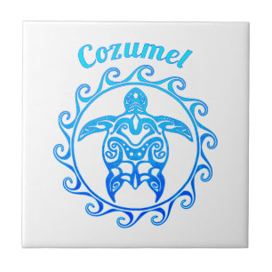 Carreau Tortue tribale Cozumel de bleu d'océan