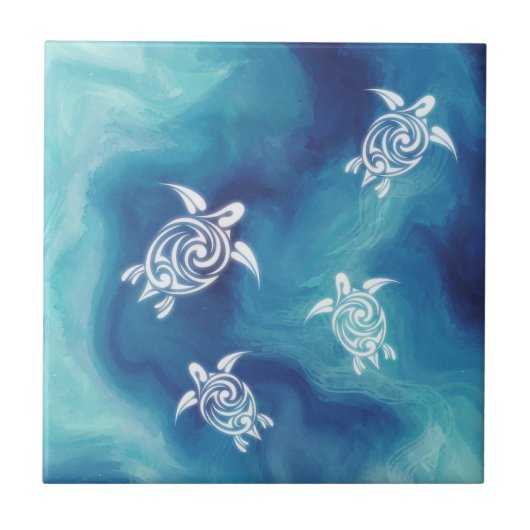 Carreau Tortues blanches Bleu Océan Aquarelle Côte (Devant)