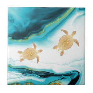 Carreau Tortues d'or Turquoise encre blanche