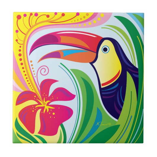 Carreau Toucan avec fleur tropicale (Devant)