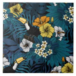 Carreau Toucans et flore tropicale, bleu, jaune, orange