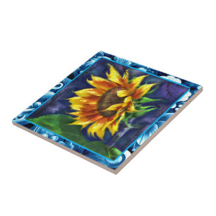 Carreau Tournesol à la Nuit Bleu Jaune Fleur verte Florale