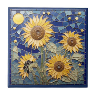 Carreau Tournesol Faux Mosaïque Jaune Tournesols Marine Bl