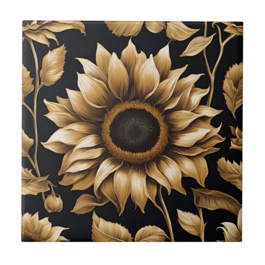 Carreau Tournesol Géant Doré sur Fond Noir (Devant)