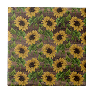 Carreau Tournesol Jaune Style Country Brun Bois Rustique