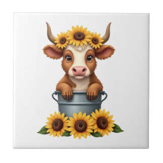 Carreau Tournesol Vintage Vache Highland dans Seau Floral 
