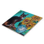 CARREAU TOURNESOLS AVEC CHAT NOIR EN TURQUOISE BLEU (Côté)