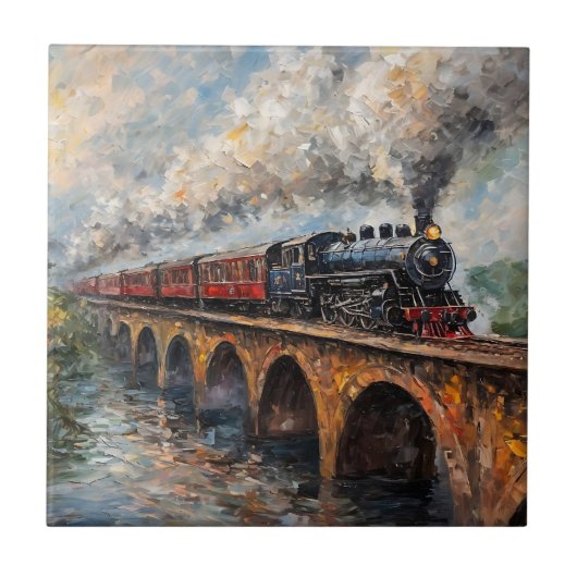 Carreau Train à vapeur sur un pont - Peinture à l'huile (Devant)
