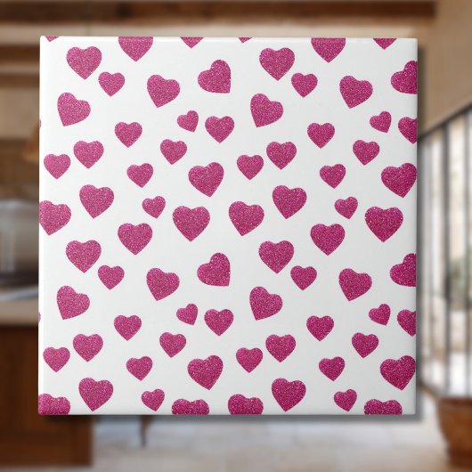 Carreau Trendy Valentine Pink Glitter Hearts on White
